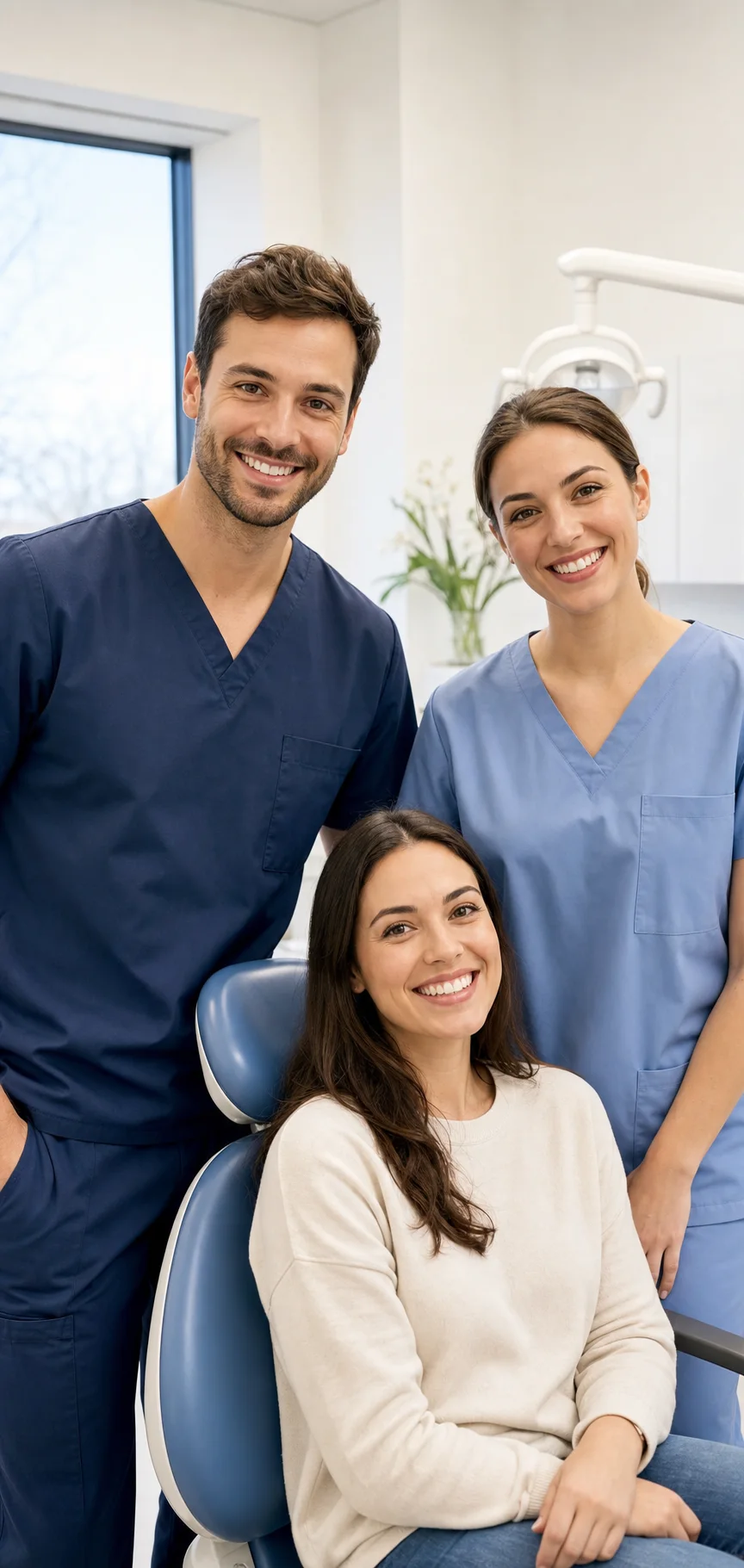 Equipo dental trabajando en una clínica luminosa