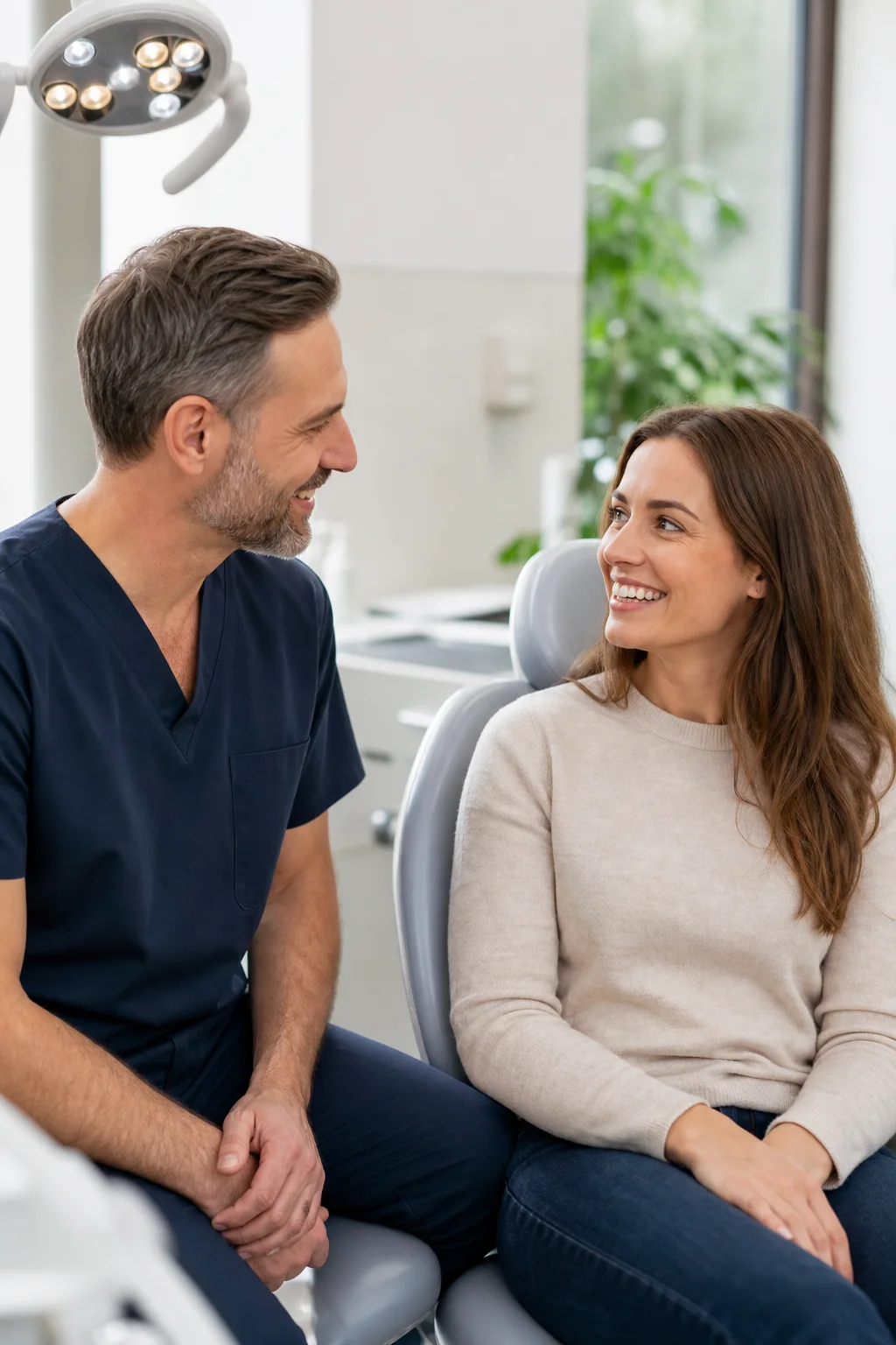 Dentista atendiendo a una paciente en una clínica moderna