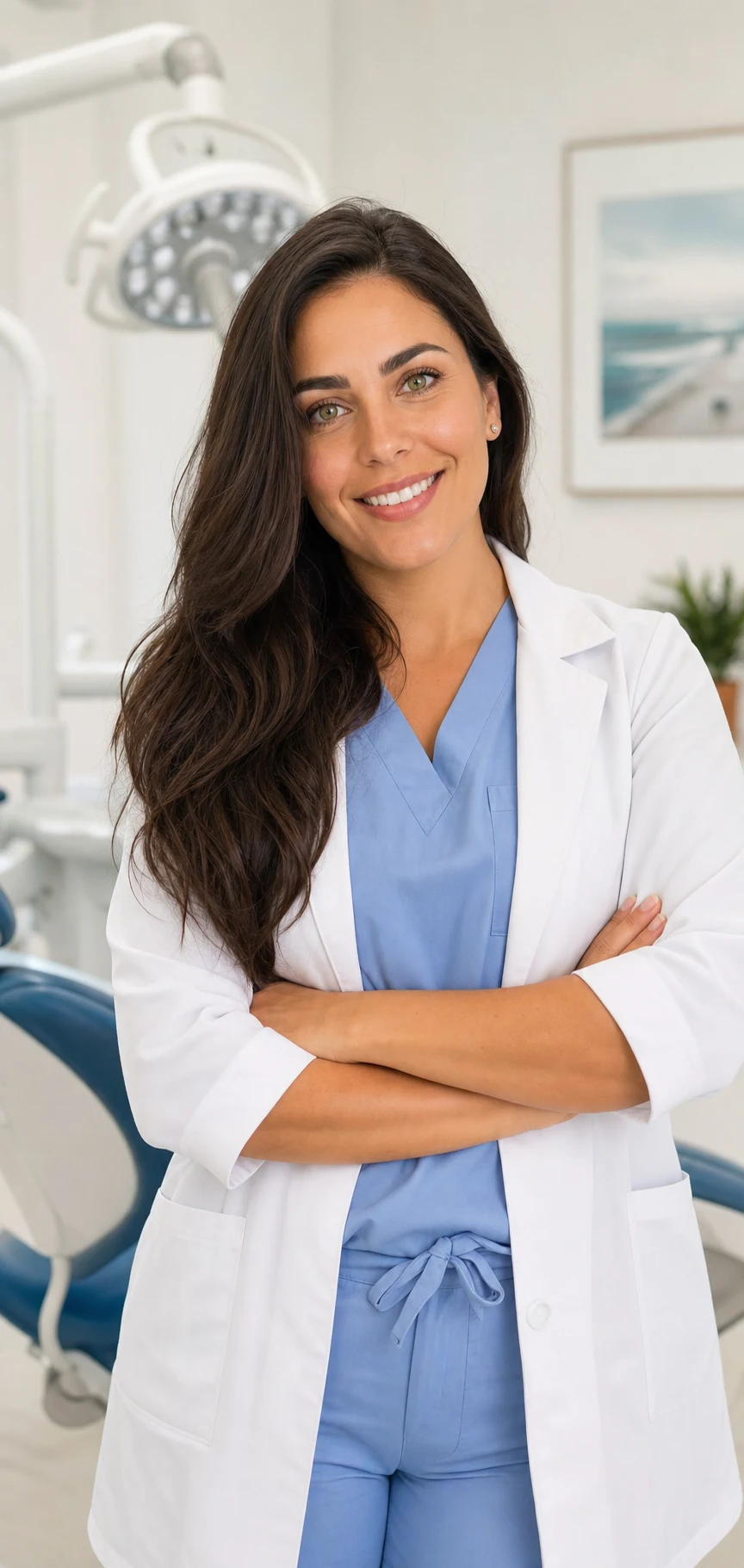 Retrato profesional de la Dra. Laura Medina en una clínica dental